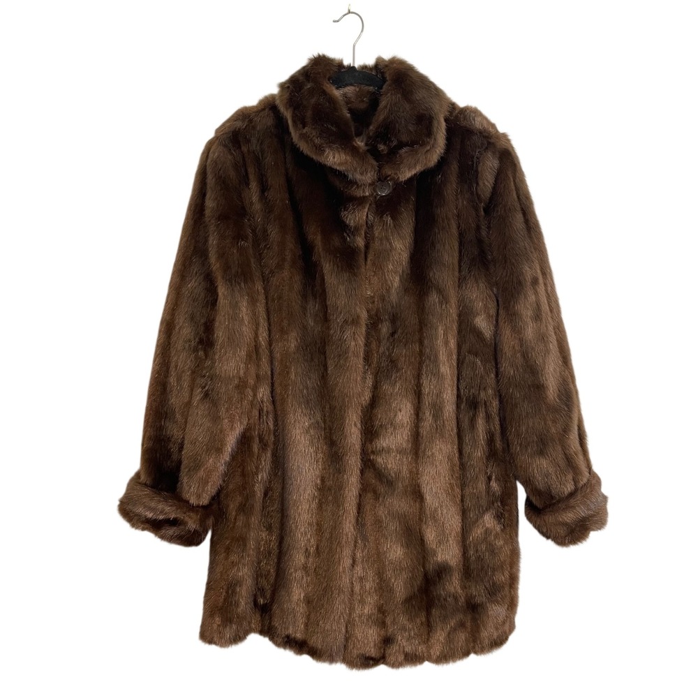 Dennis Basso Brown Faux Fur Coat Women Large Collared Mid-Length Winter Jacket